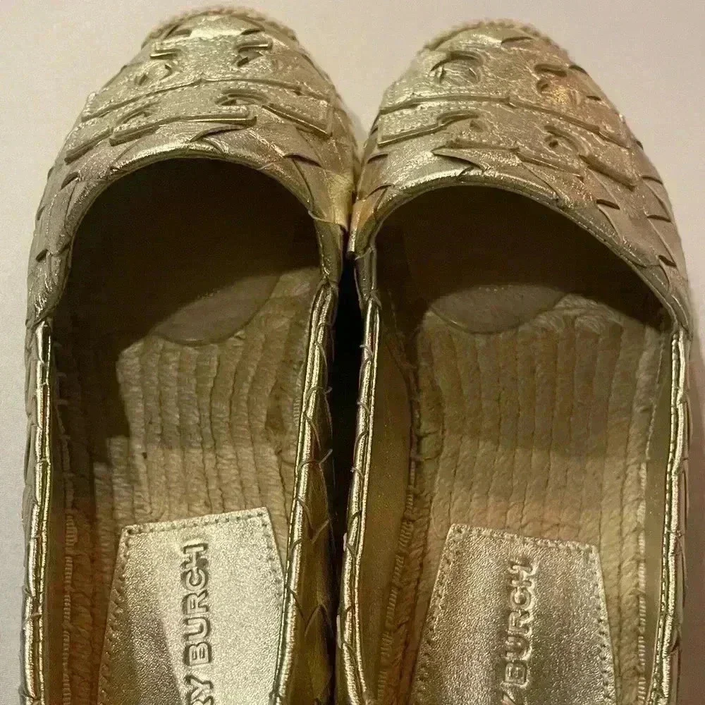 TORY BURCH Woven Leather Espadrille Flats 5 Loafer Gold Metallic Leather Ines